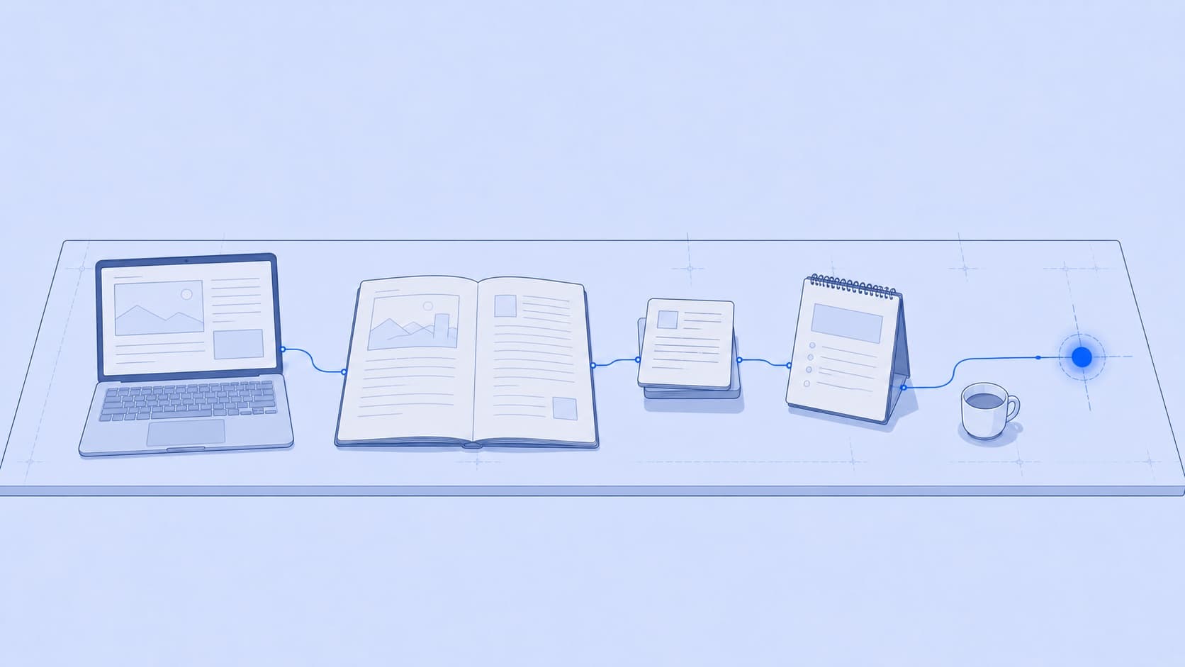 A desk where a laptop, an open journal, cards, and a notepad resolve into one routed line