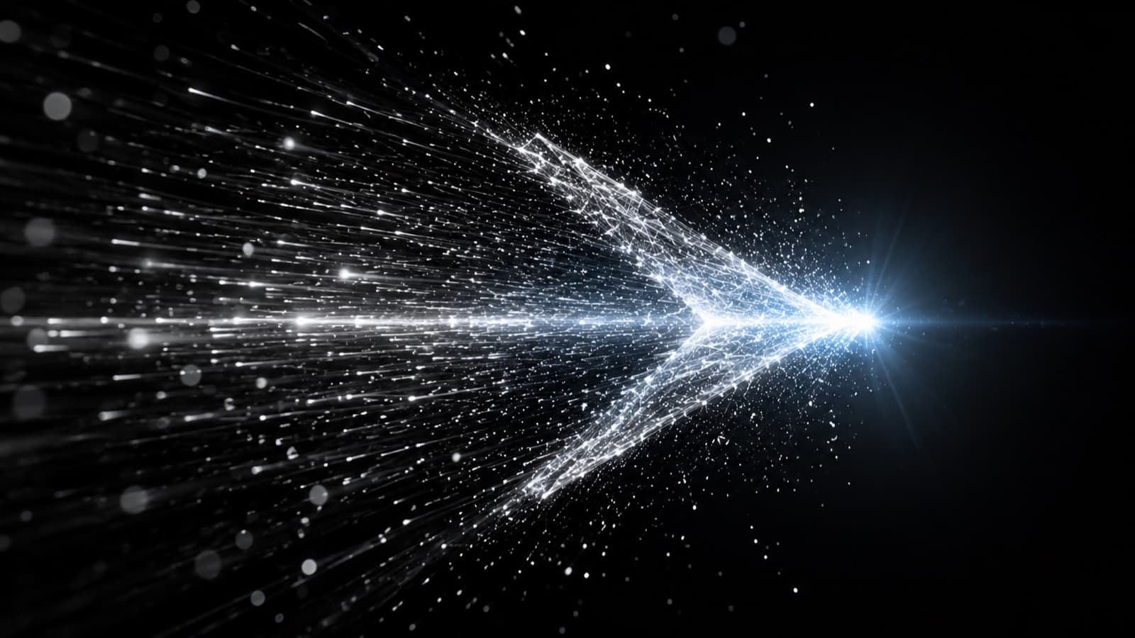 A streak of particles converging into a bright burst of light